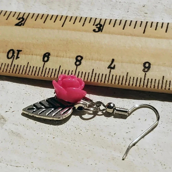 Deep Pink Antique Silver Leaf Lucite Rose Dangle Earrings - Picture 8 of 8